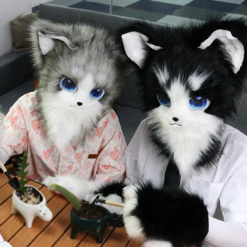 동물 모피 퍼슈트 헤드 마스크 플러시 고양이 여우 마스크 코스튬 소품 할로윈 코스프레 파티 공연 소품 어린이 선물