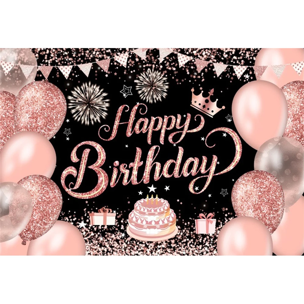 Glitter Pink Happy Birthday Backdrop Photography Adult Women Celebrate Party Decor Background Photo Photographic Customizable