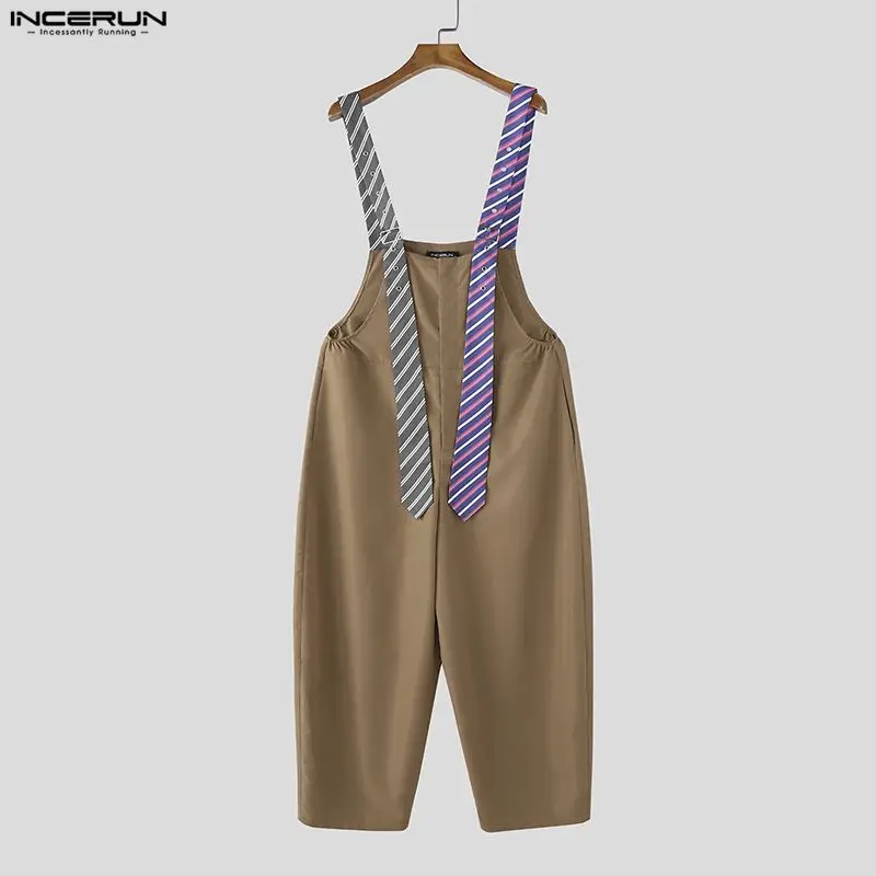 

INCERUN Men Jumpsuits Striped Patchwork Sleeveless Casual Straps Rompers Men Streetwear Baggy 2026 Male Wide Leg Overalls Pants