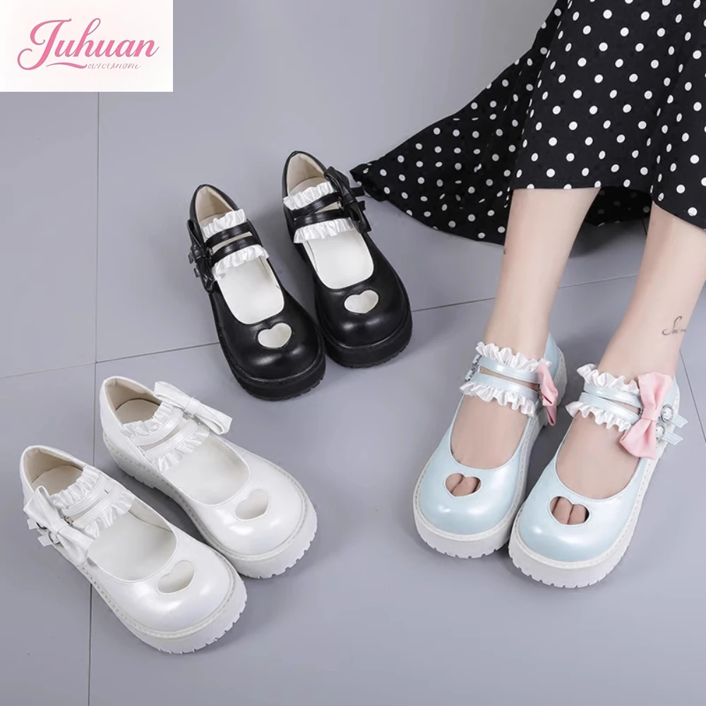 

Kawaii, японские туфли на платформе в стиле Лолиты, летние кожаные туфли принцессы с полым бантом, мягкие туфли-лодочки для девочек, женская обувь с круглой головкой