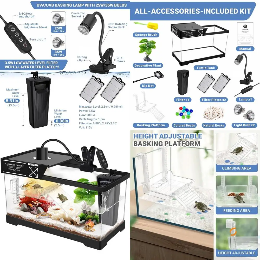 

Aquatic Turtle Starter Kit: Adjustable 360° Lamp, Filter, Habitat Lid, and Hanging Platform for Small Reptiles (15.75x7.9x9'' Bl