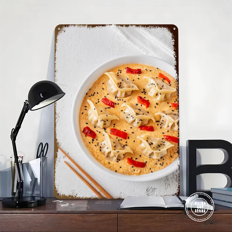 Dumplings in Sauce With Red Peppers Poster Customized Vintage Metal Signs Wall Art Retro Tin Plaque for Room Accessories House