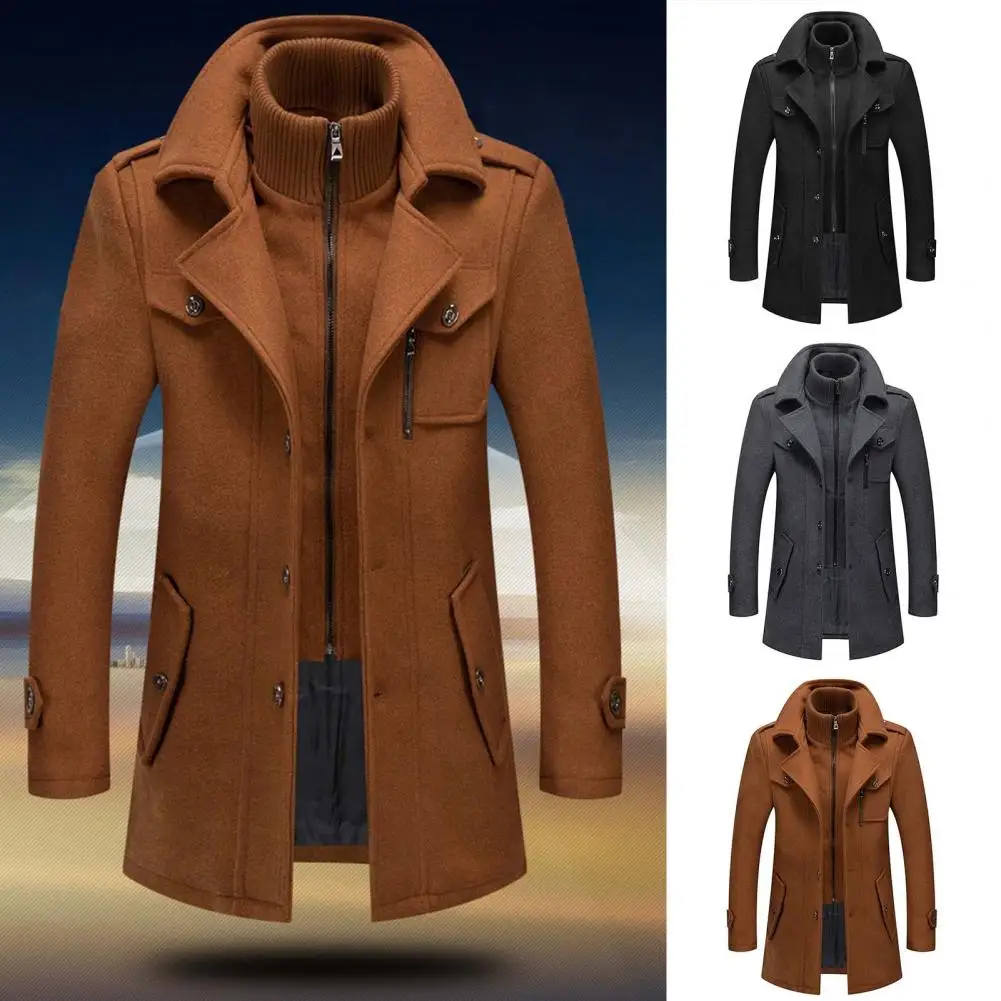 Autumn And Winter Men's Business Woolen Coat Jacket Solid Color Fake Two Zipper Button Coat Thickened Medium Long Woolen Windbre