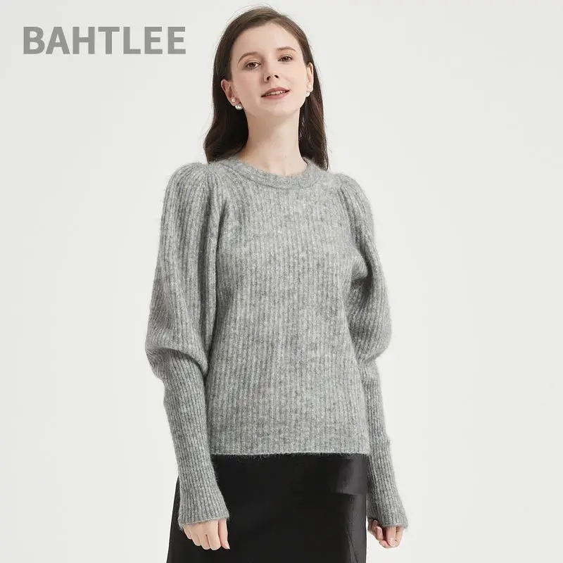 BAHTLEE-Women's Super Mohair Short Pullover, O-Neck Sweater, Ruched Long Sleeves, Wool Knitted Jumper, Spring