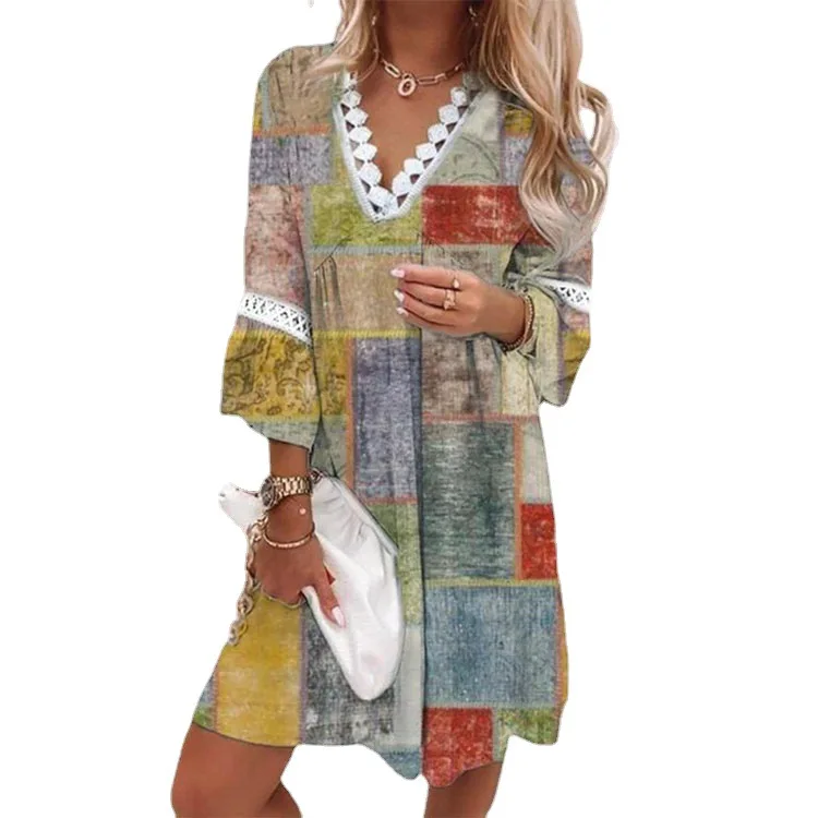 Casual Boho Dresses for Women 2024 Summer Loose Vintage Floral Print V-Neck Flare Sleeve Loose Dresses Women Mini Dress Vestidos