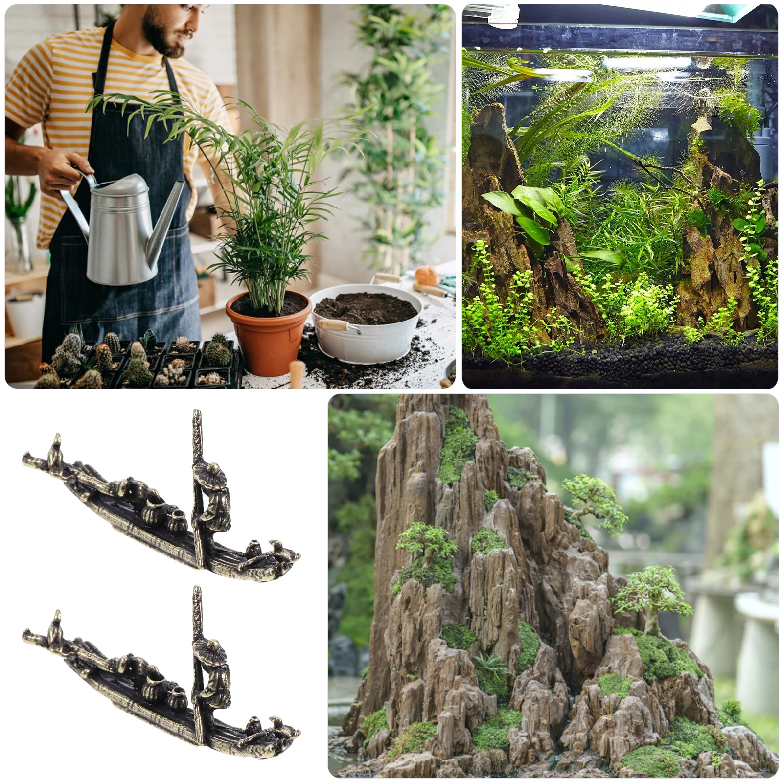 2 قطعة تمثال صيد نحاسي مصغر ، منظر طبيعي صغير لديكور المكتب ، زخرفة قارب صغير ، ملحقات طاولة الرمل ،