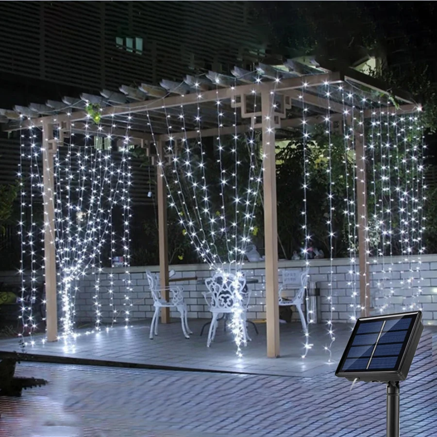 Solar Outdoor Lights Garland Christmas Decoration 2024 LED Festoon Fairy Curtain Light 3Mx3M New Year 2024 Waterproof 8 Modes