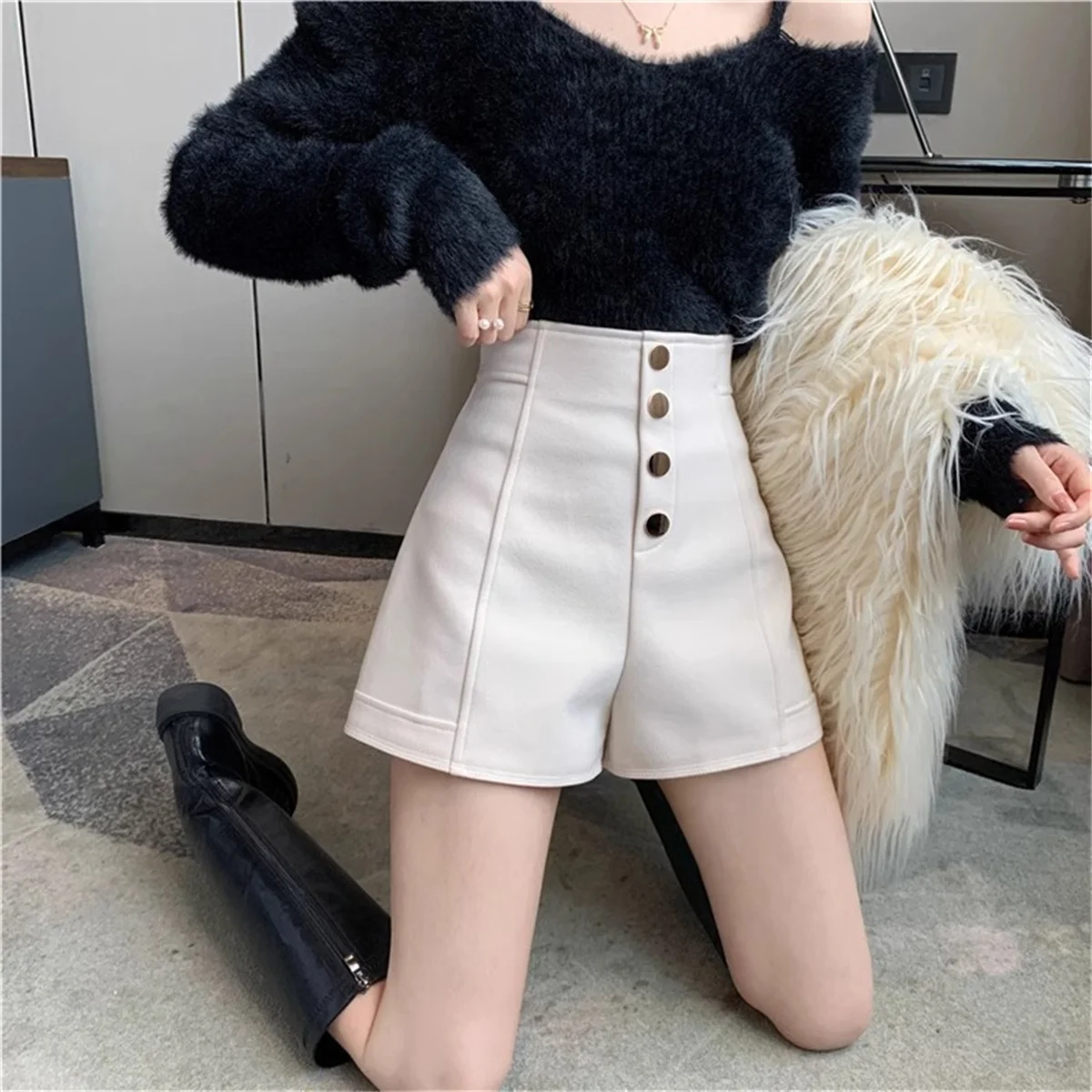 ハイウエストシックショーツ レディース 夏 秋 ヴィンテージ 無地 ボタン Aライン ワイドレッグ ショートパンツ 韓国風 スリム カジュアル トラウザーズ ストリート