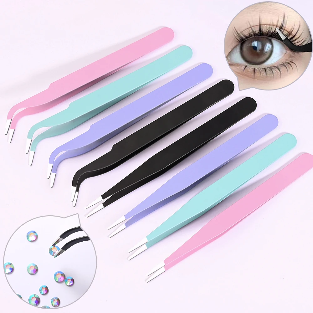 1/2Pcs Fake Eyelash/Nail Art Tweezers Stainless Steel Straight/Elbow PickUp Sticker&Rhinestone Tweezers for Makeup Manicure Tool
