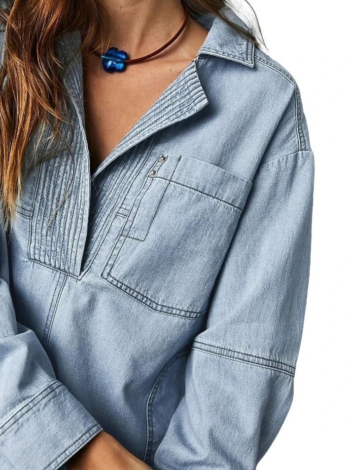 Women's Tops Blouse 2024 Autumn Fashion Casual Turn-down Collar Denim Long Sleeved Solid Color Loose Shirt Denim Jacket