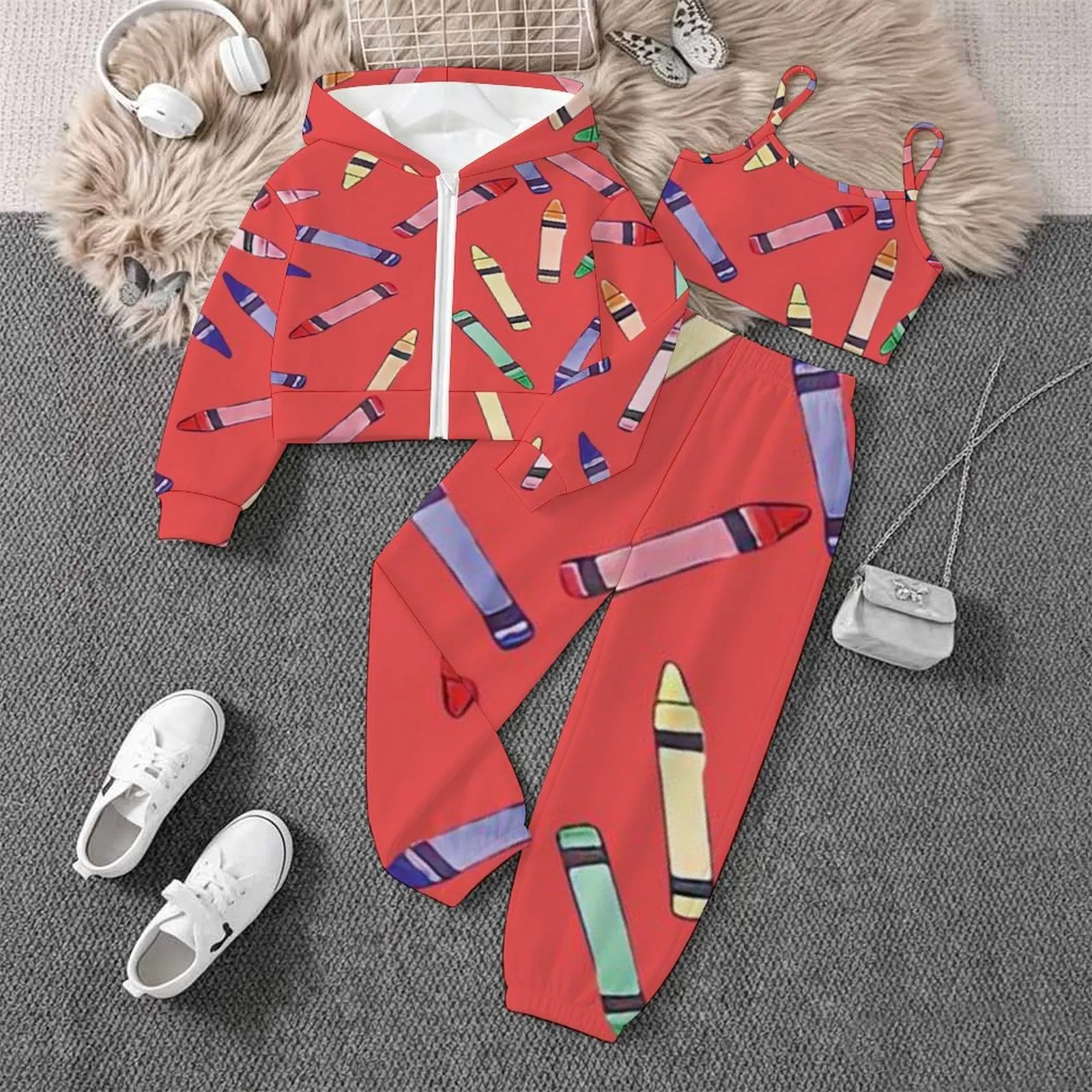 3pcs Winter Jogging Pants Girls Daily Wear Retro Three-Piece Set Children's Tops Fashion Vest Print Trousers Autumn Coats