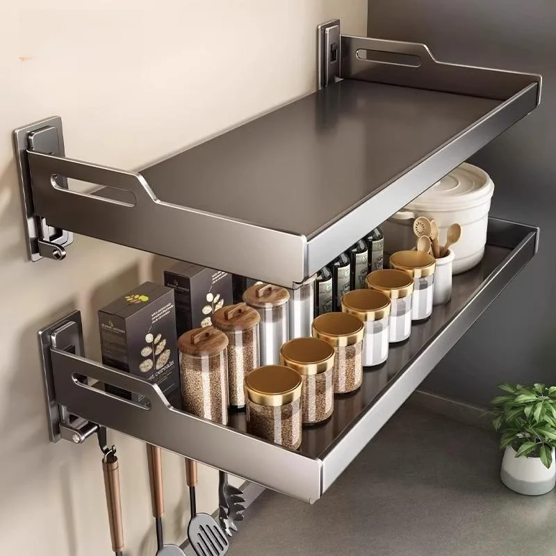 Wall-Mounted Kitchen Spice Rack Carbon Steel Oil Bottle Organizer Modern Simplicity Style No-Drilling Required Storage Shelf