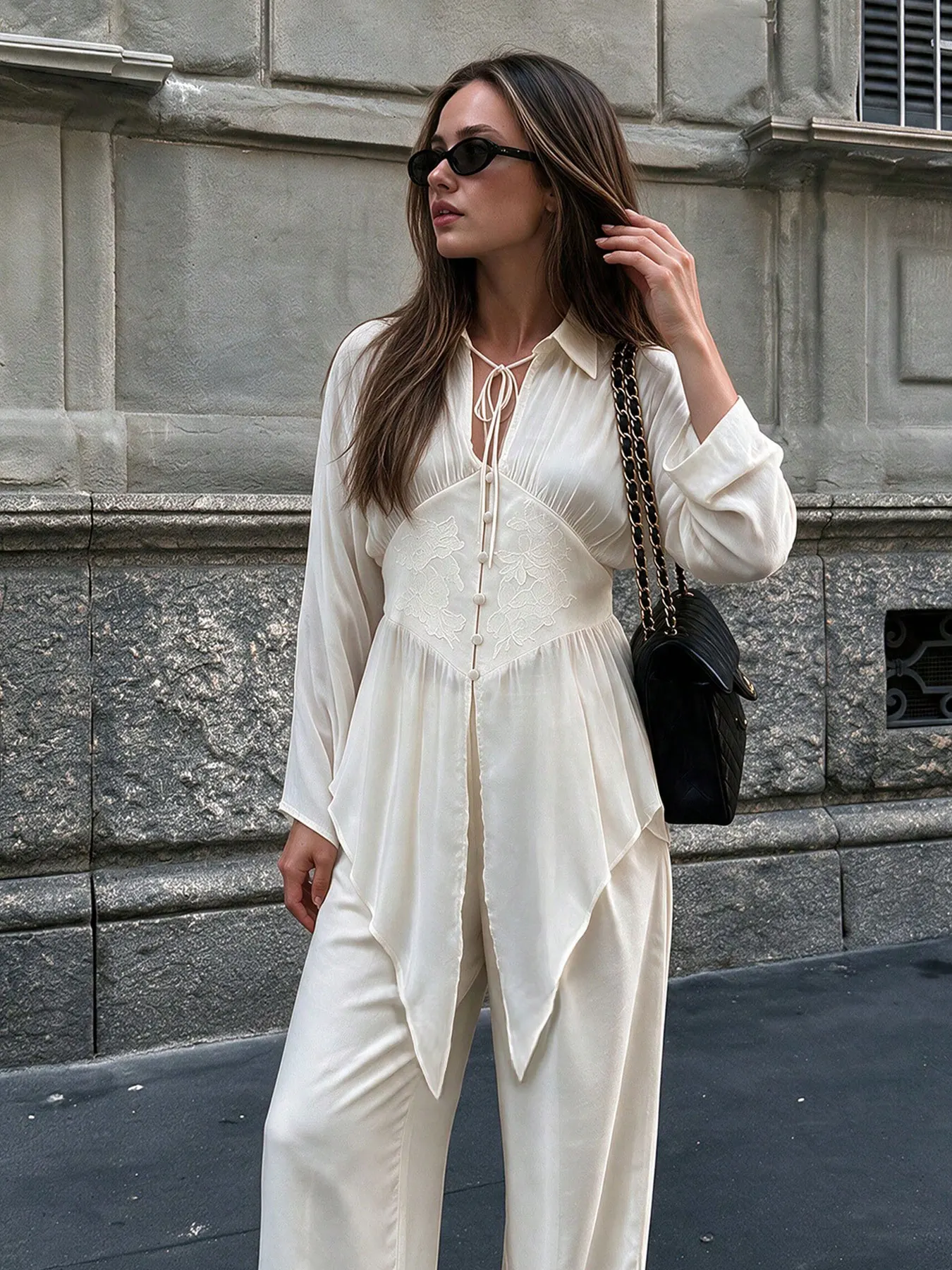HH Womens Beige Crinkled Sheer Long Shirt Lapel Tie String Front Corset Panel Button Long Sleeve Flare Cuff Blouse Chic Tops