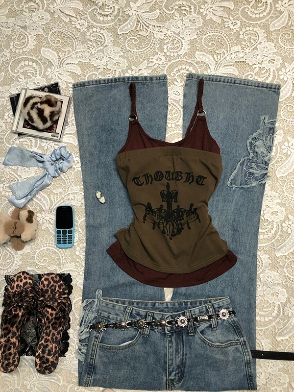 

BaoYao Girl оригинальный коричневый укороченный топ с закрученными бретелями и брюки с высокой талией, комплект из двух предметов, женский модный летний наряд из смеси хлопка