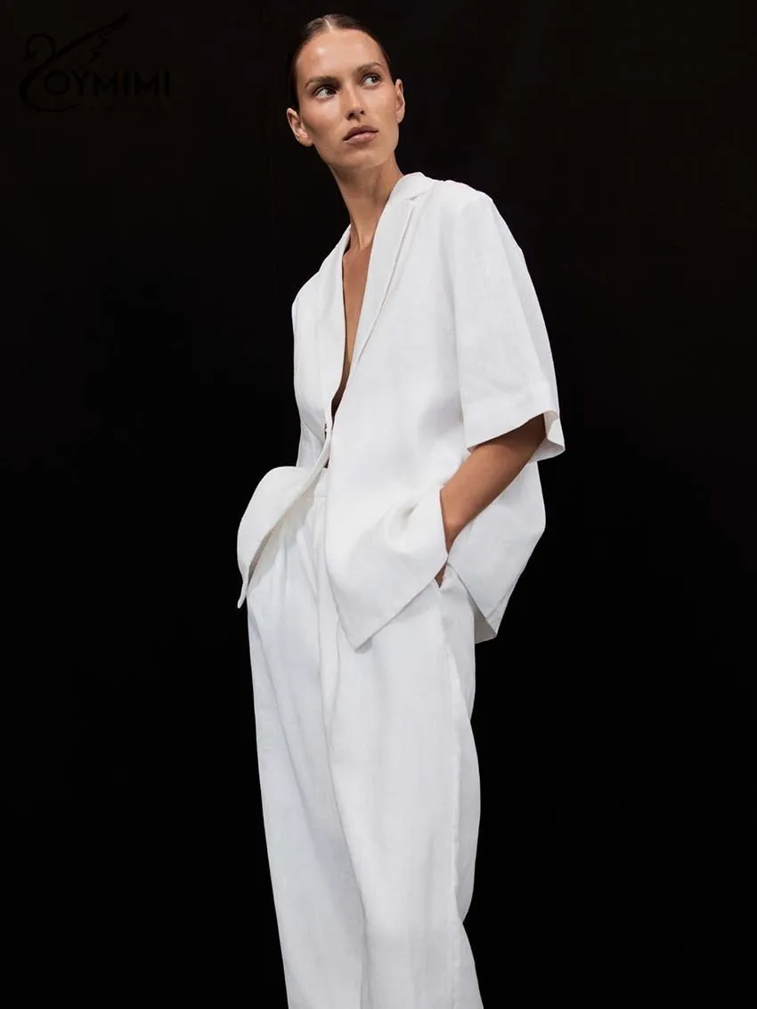 Oymimi أزياء القطن الأبيض 2 قطعة مجموعات امرأة الزي أنيقة نصف كم زر واحد قمصان + جيوب عالية الخصر بنطلون مجموعة #5