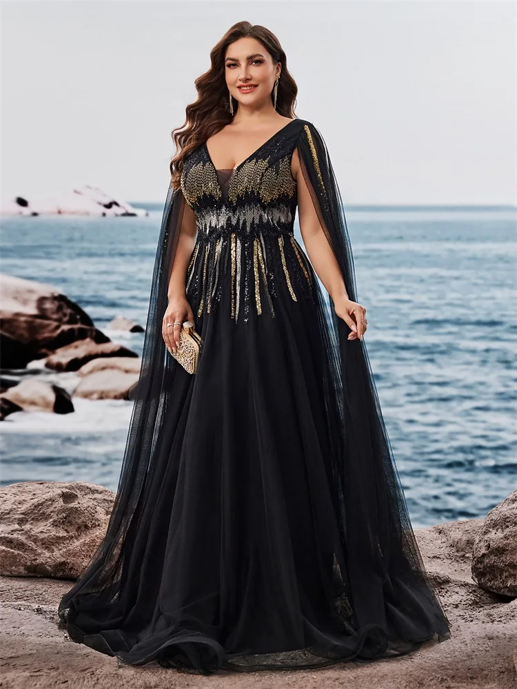 XUIBOL Luxury Floor-standing sleeves Sequins Evening Dresses Women V-neck Formal Wedding Party Cocktail Gowns Vestidos