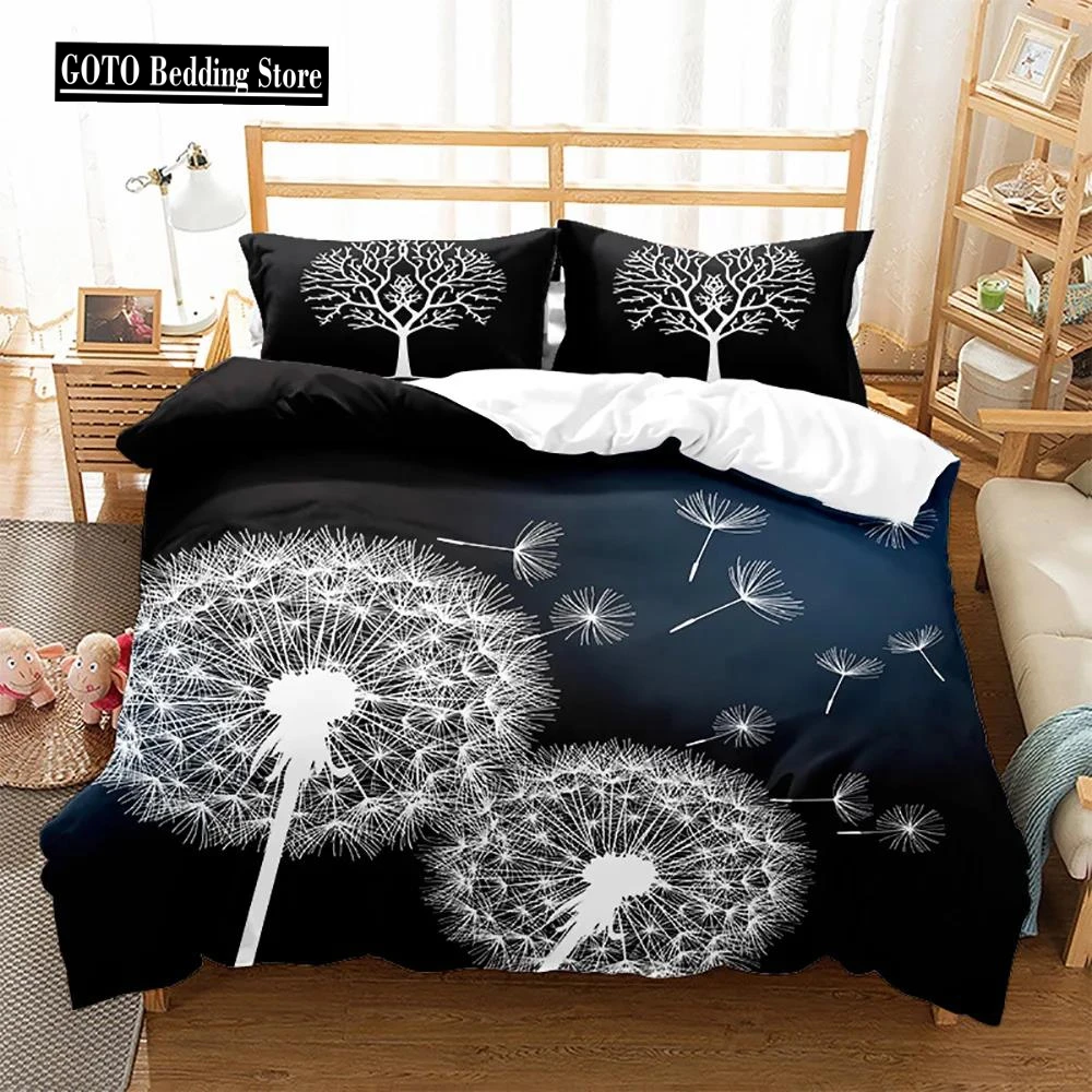 

Print White Dandelion Sunflower Bedding King Bedroom Quilt Cover Set Black Blue Duvet Set Pillowcases Decorative 2/3pcs Set