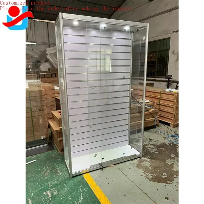 

Custom.Lockable Glass Sliding Door Metal Silver Frame Tempered Glass Slat Wall Display Cabinet with Lights