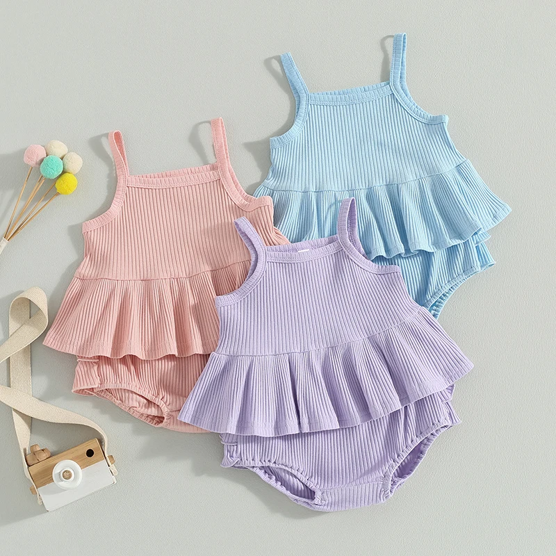 

Toddler Baby Girls Summer 2PCS Shorts Sets Solid Color Sleeveless Cami Tops Tiered Ruffle Shorts Children's Clothing Sets