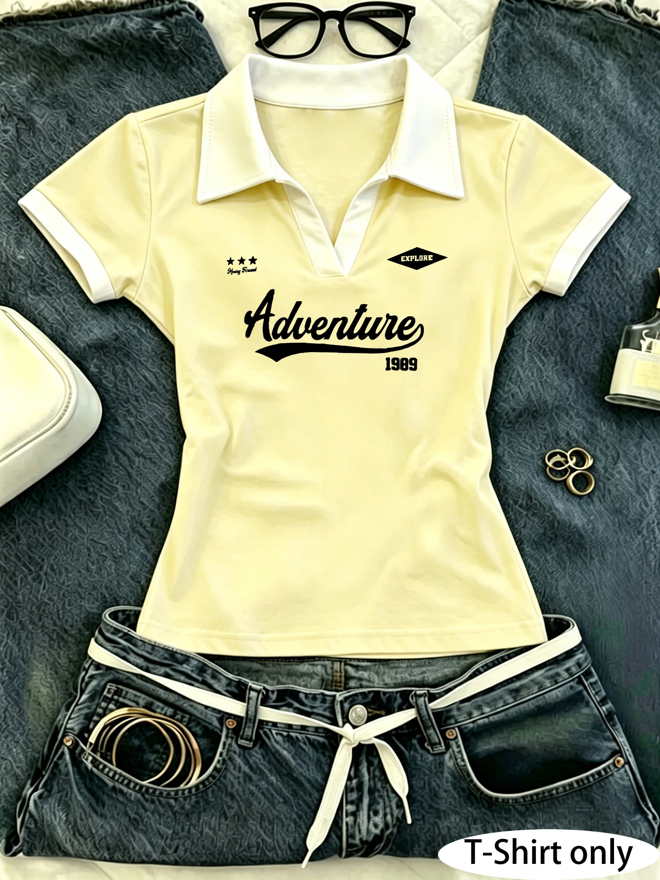 Neues Damen-Poloshirt mit Farbblockierung, vielseitigem Reverskragen und kurzen Ärmeln – Detail 12