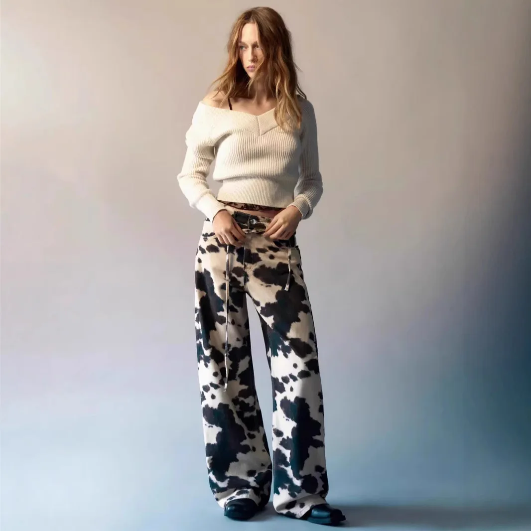 Waed vintage americano vaca padrão solto perna larga em linha reta casual longo jeans feminino faion cintura alta cor profunda primavera