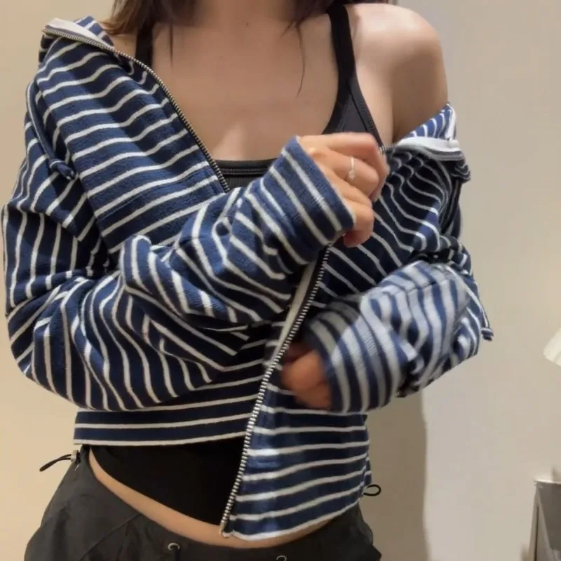 

Spring Autumn Blue Striped Hooded Sweatshirts Harajuku Gothic Vintage Coat Women Y2k Subcultural Loose Casual Jackets