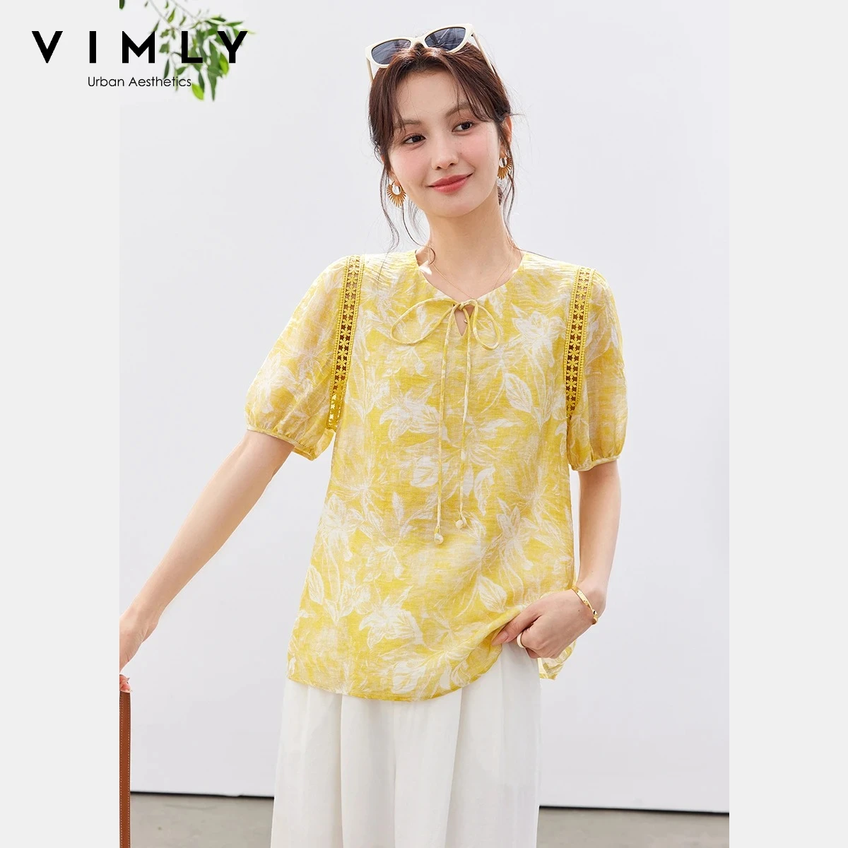 

VIMLY Women's Casual Floral Short Sleeve Shirt 2026 Summer Yellow Tie Crew Neck Lace Hollow Out Elegant Vacation Blouse A6308