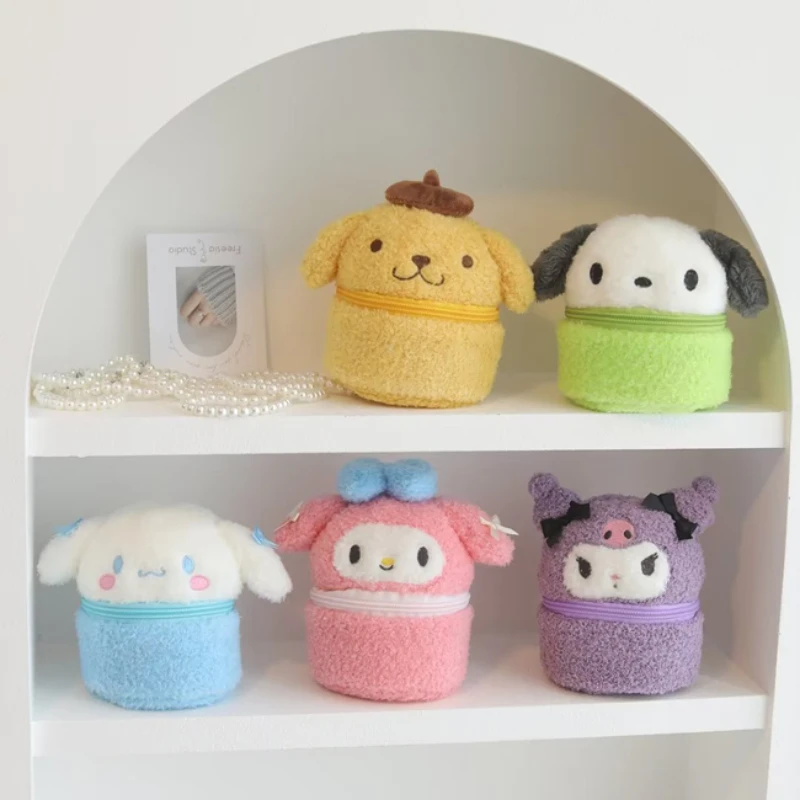 Japanese Sanrio Kawaii Cinnamoroll Girly Plush Mini Jewelry Box Pompom Purin Jewelry Storage Box Cosmetic Bag Home Storage Box