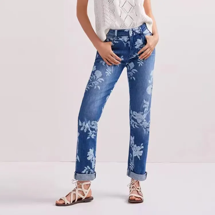 Original and new styles of dyed, elastic, slimming and fashionable mid-waist straight-leg jeans for foreign trade