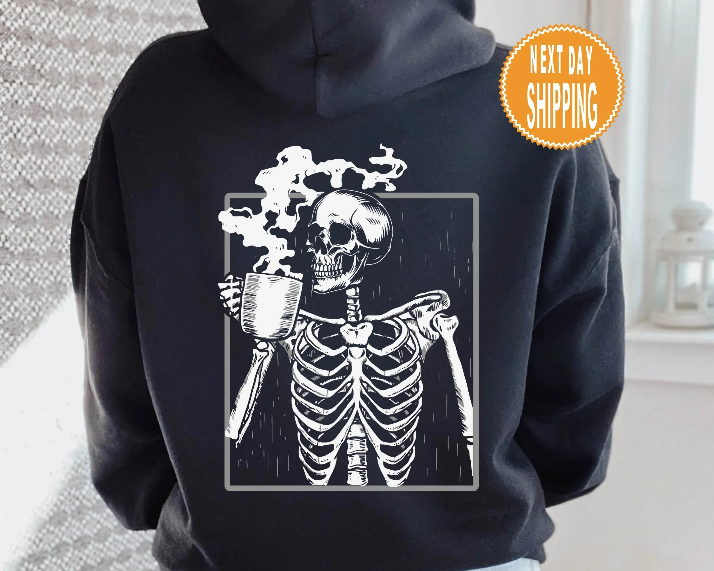 

Autumn and Winter Style Skeleton Drinking Coffee Print Cotton Hoodie for Those Who Love Edgy and Witty Designs To Stay Warm