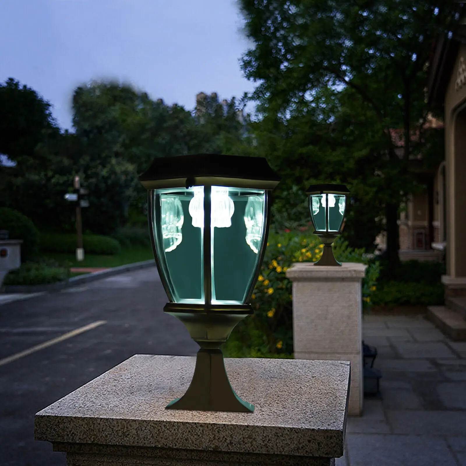 2x Solar Powered Sensor Waterproof Yard Fence Led Post Main Gate Lamp Modern Lantern IP55 Victoria Outdoor Pillar Light