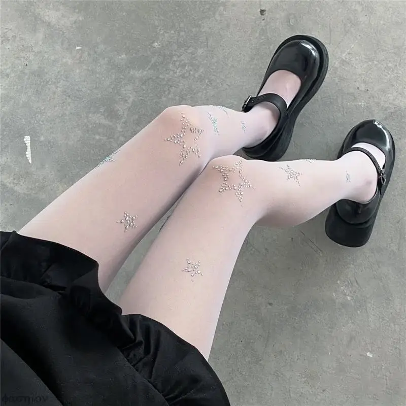 Cute Women Tights Silver Star Print Pantyhose Women Girl Japanese Mesh Transparent Pantyhose Bow Star Tights Stockings JK Lolita