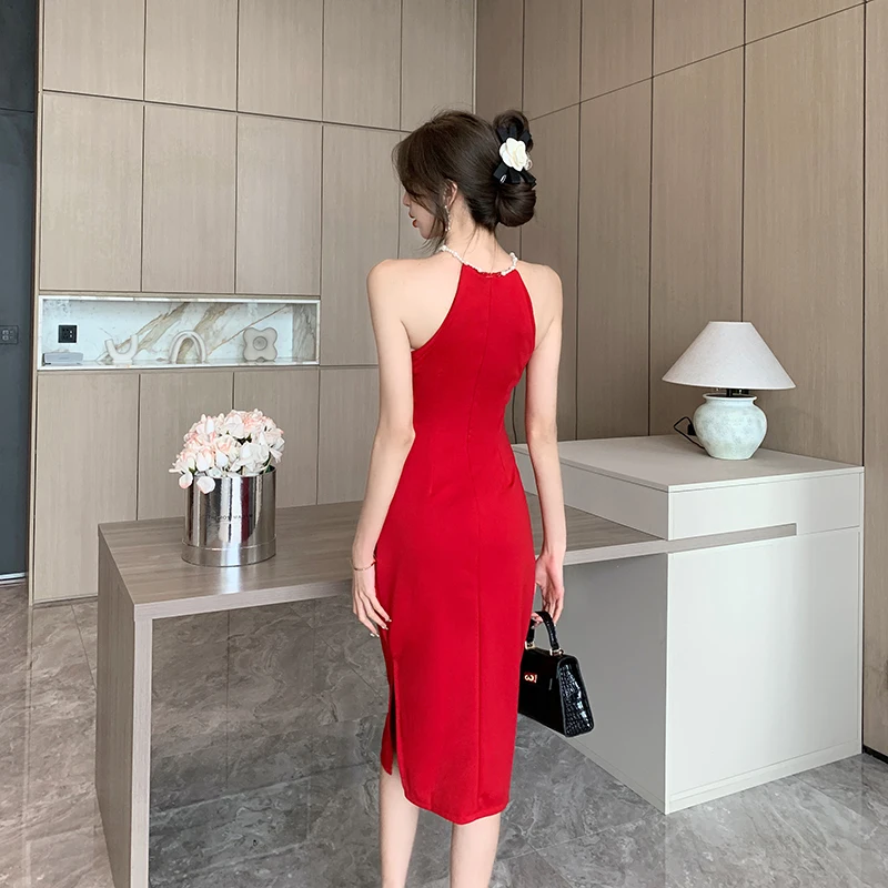 Elegant Sexy Women Dresses Necklace Hanging Neck Sleeveless Off-the-shoulder Dress 2023 Summer Slim Bodycon Party Dress