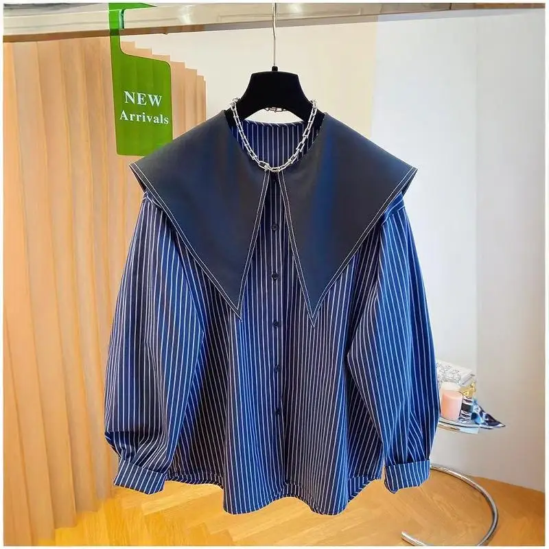 plus Size 300 Pou Fat MM Doll Collar Long Sve irt 2024 Autumn New Loose Striped Large Collar Blouse Korean Sle Comm...