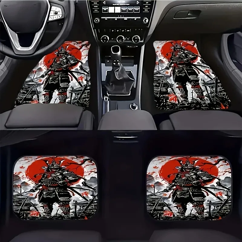 

4-piece set of samurai printed car floor mats, non slip, washable, stylish car and truck interior protection - a gift for all se