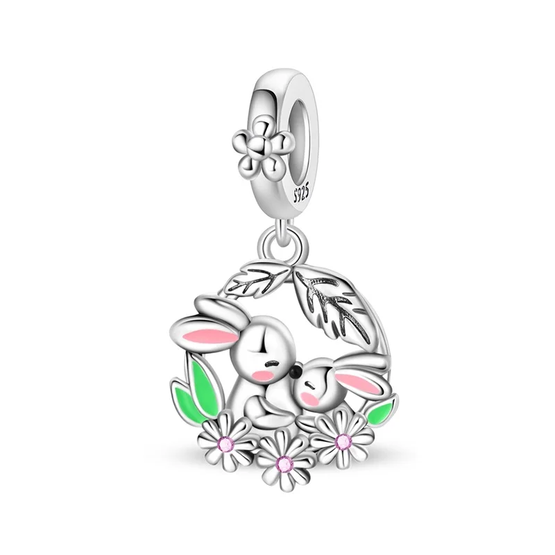 Original 925 Sterling Silber Frühlings-Blumen-Kaninchen-Anhänger-Perlen für Damen, feine DIY-Geburtstagsgeschenke