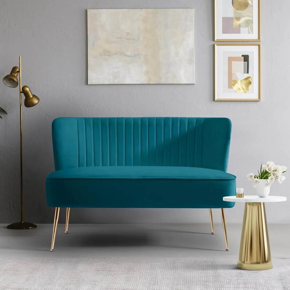 Home Furniture Modern Wide Upholstered Velvet Fabric Love Seat Sofa Tufted Backrest With Gold Finish Metal Legs Teal