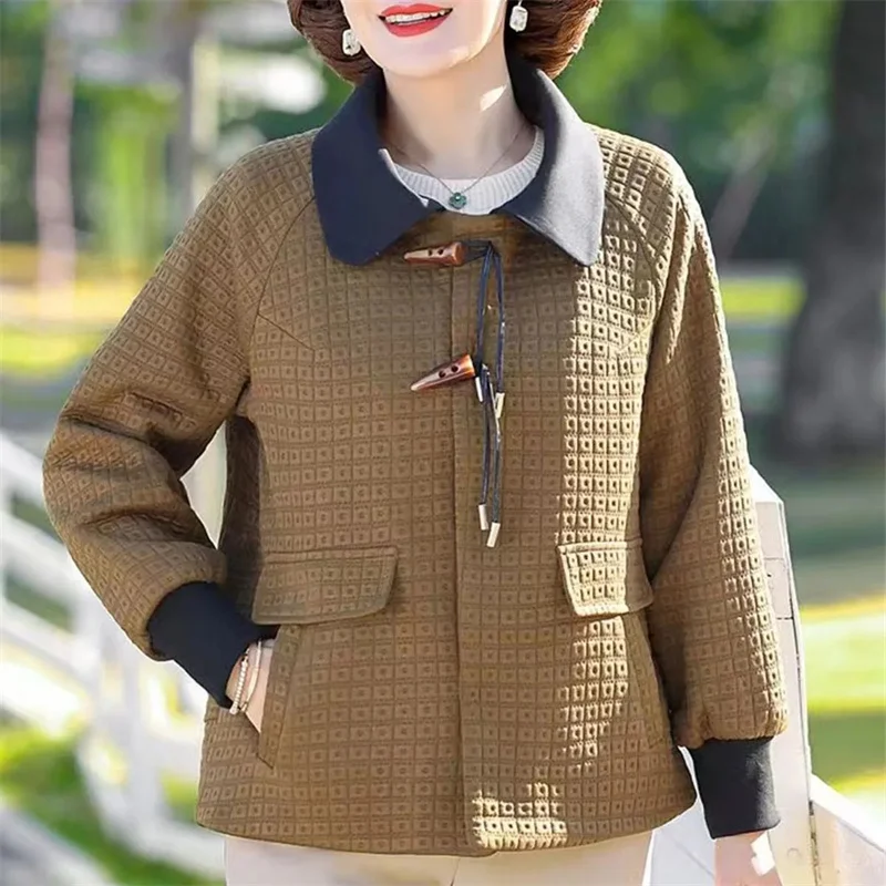 Mom's Spring and Autumn Fashionable Thin Coat Women's 40 Year Old 50 Middle Aged Polo Collar Long Sleeve Short Jacket Top Tide