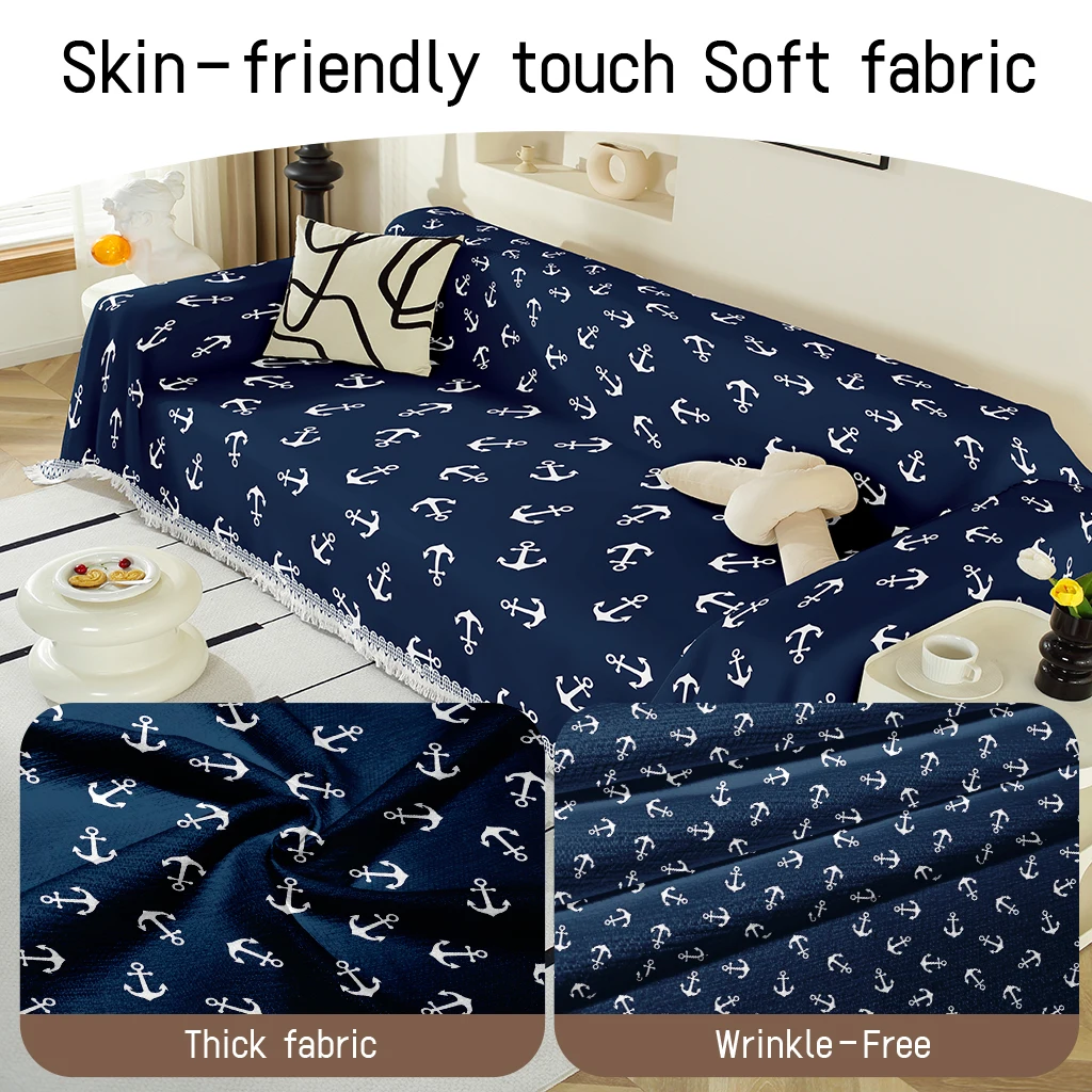1pc Navy Blue Nautical Anchor Sofa Throw Blanket, Fringe Tassel Couch Cover for Living Room, Soft Washable