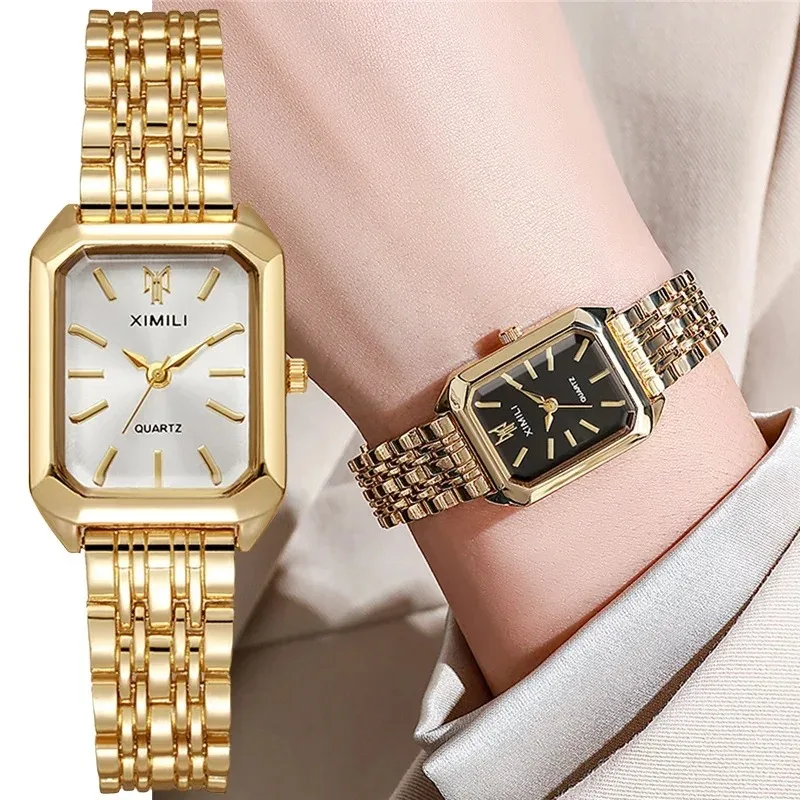 Reloj de cuarzo para mujer a la moda 2025, reloj cuadrado Simple plateado dorado y plateado para mujer, reloj plegable de aleación corporativa, regalo de vacaciones