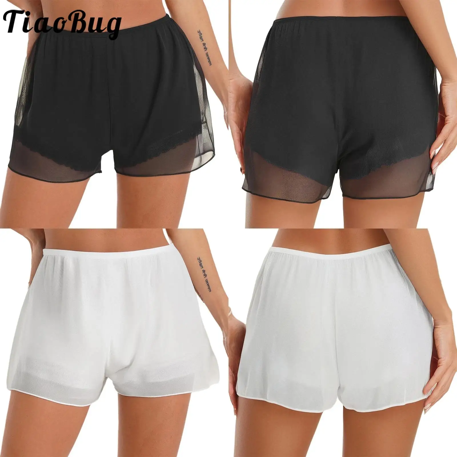 

Women Silky Two Layers Safety Shorts Elastic Waist Mesh Patchwork Lace Trim Lining Shorts Pettipants for Daily Casual Vacation