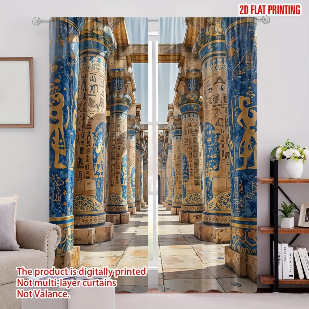 2pcs Egyptian Palace Curtains - 2D Flat Printing, Blue & Golden Hieroglyphic Design, Semi-Transparent Polyester for Living Room,
