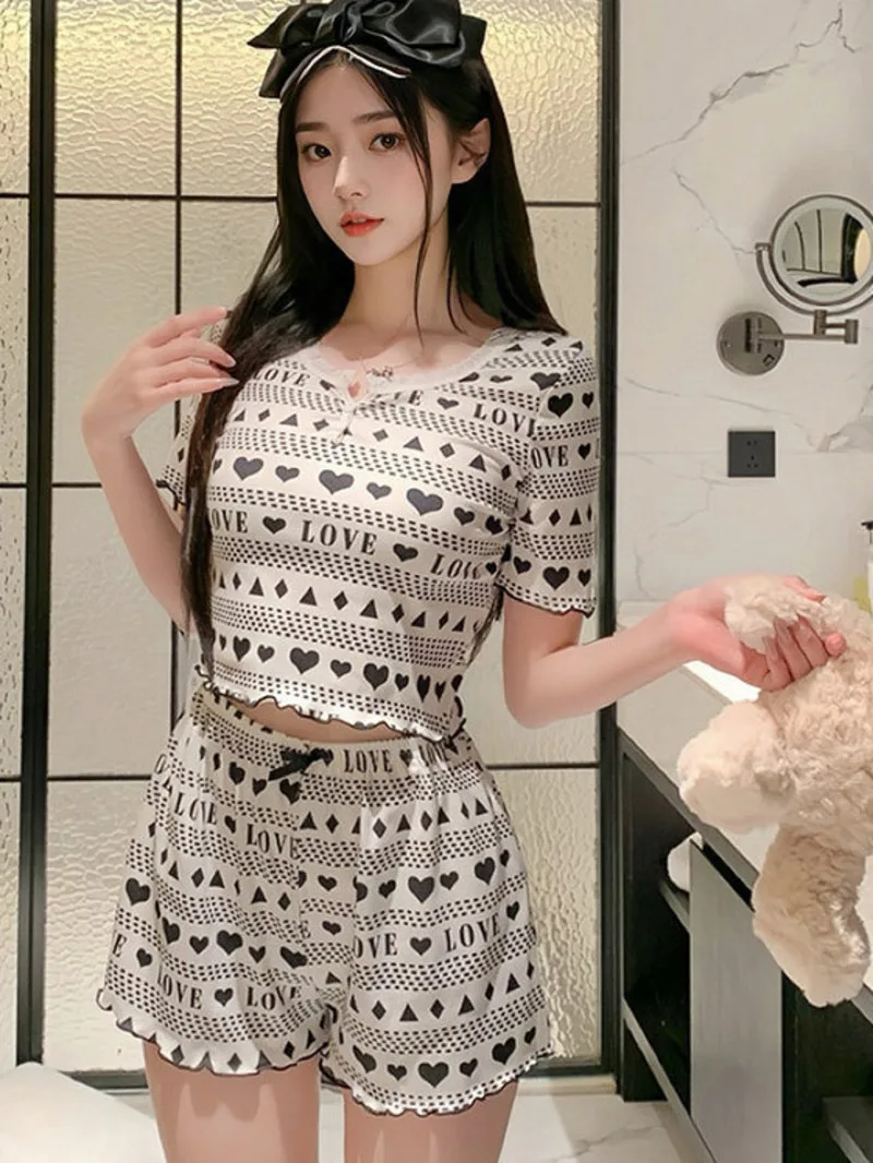 

Лето 2022, новые вязаные шорты в рубчик с короткими рукавами и надписью и графикой, женские повседневные шорты для домашней одежды с бантом, элегантные комплекты Y2PS