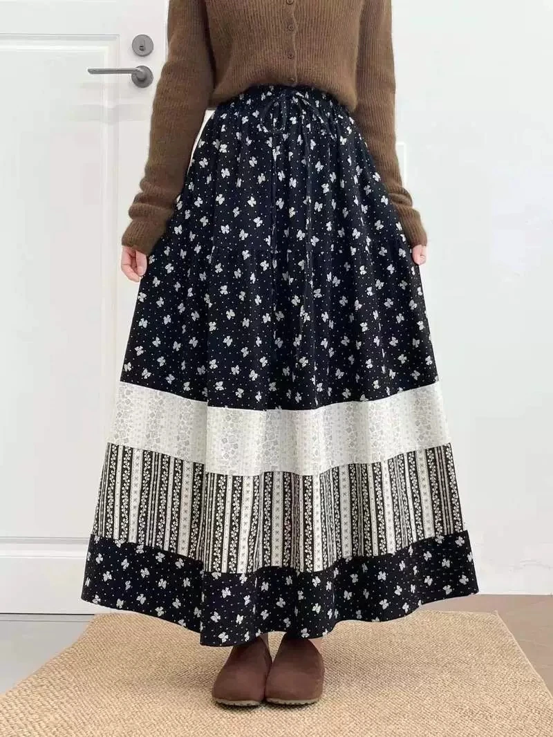 New 2026 Autumn Women Brushed Cotton Skirt, Elastic Waist Butterfly Print, Mori Girl Korean Casual Loose A-line Skirt B6O324CC