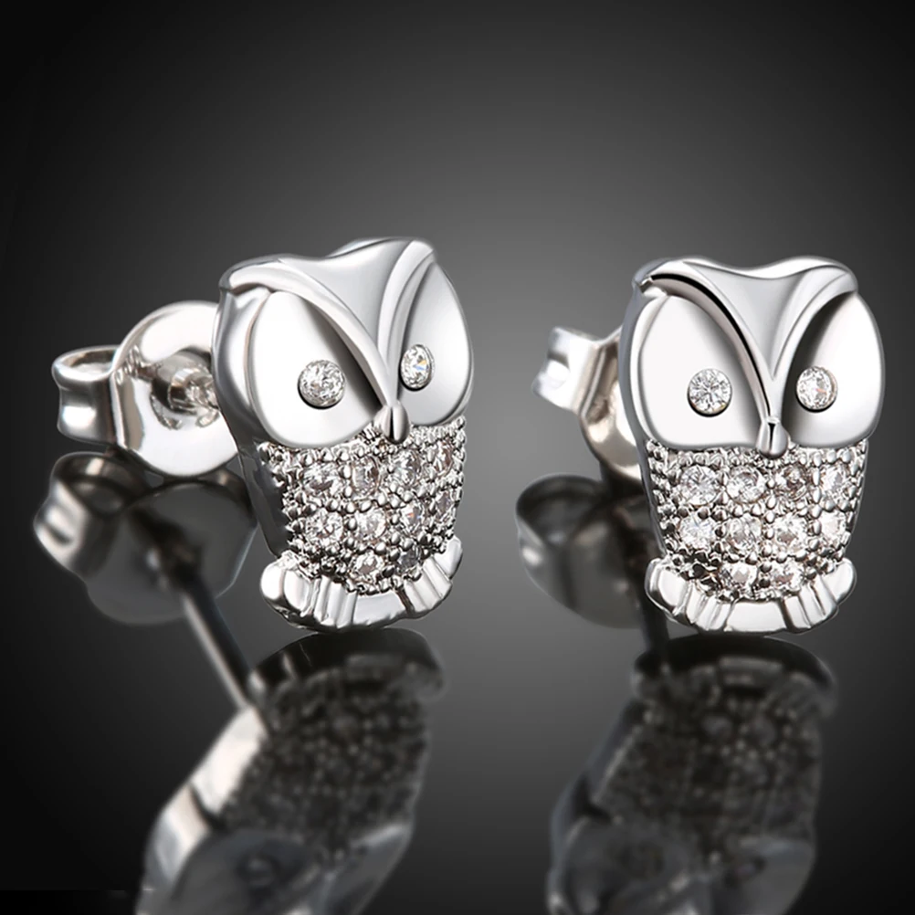 

Owl Earrings Shaped Women Studs Platinum Plated Simple Design Rhinestone Crystal