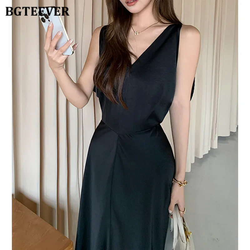 BGTEEVER 우아한 슬림 허리 여성 a 라인 드레스 세련된 v 넥 민소매 숙녀 새틴 드레스 여름