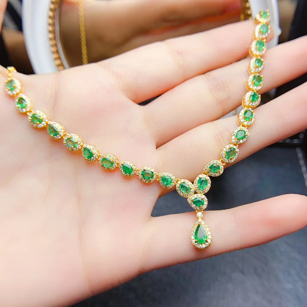 Natural Emerald Necklace 3x5mm, S925 Silver Inlaid Green Gemstone Jewelry