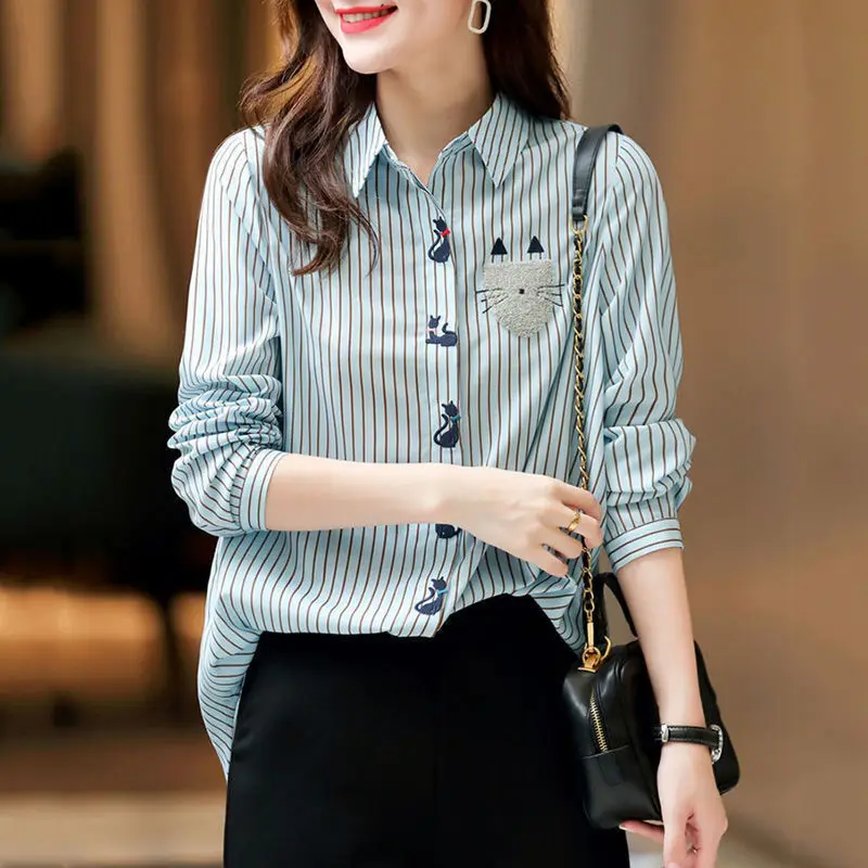 Fashion Printed Lapel Loose Embroidery Striped Shirt Women\'s Clothing 2022 Autumn New Casual Tops All-match Office Lady Blouse