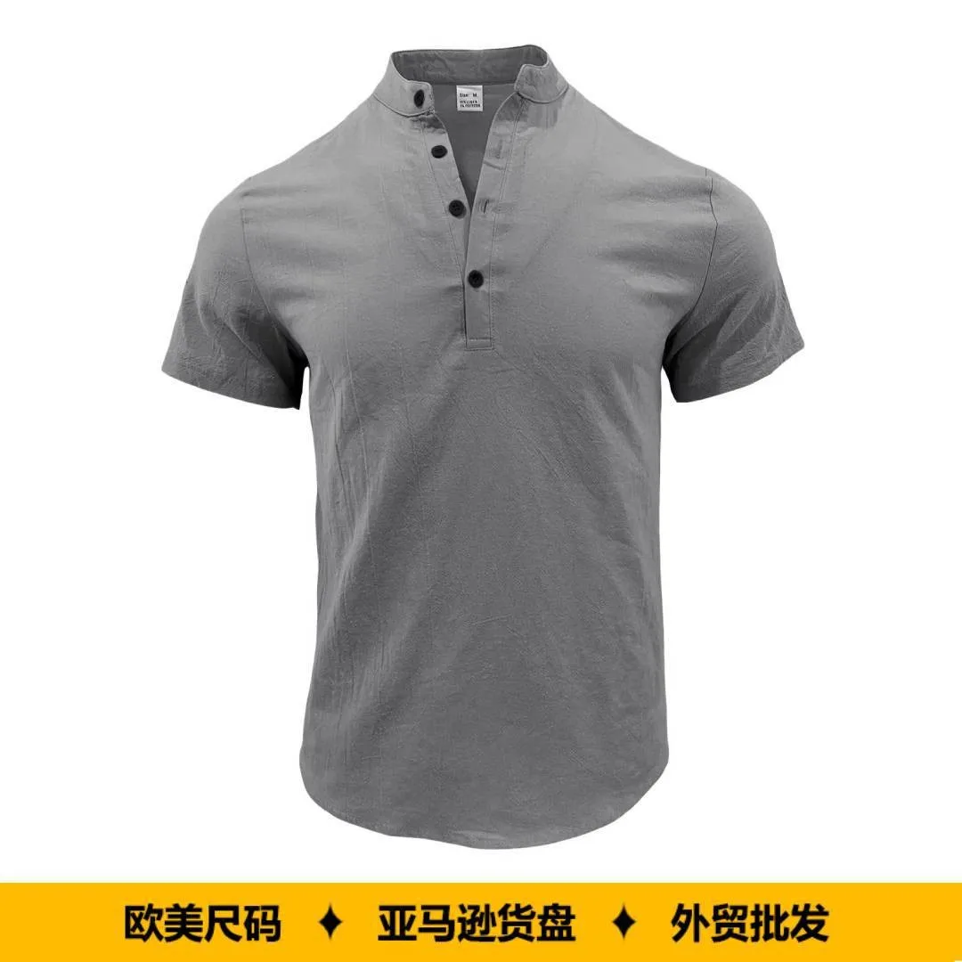 Camisa de Lino para Hombre, Corte Holgado, con Botones, Manga Corta, Cuello Mao, Ropa Masculina