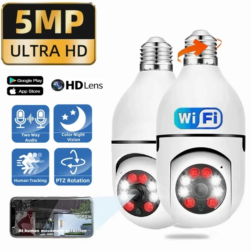 

5MP Wifi PTZ Home Surveillance Camera Wireless E27 Bulb Lamp CCTV IP Audio Cam 4X Zoom Security Protection Digital Baby Monitor